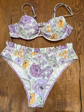Mint, purple, Yellow Floral Underwire Bikini Set Size M High Cut Cheeky bottoms